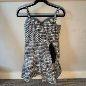 Parker Black and White Plaid Cinched Bow Adjustable Straps Mini Dress